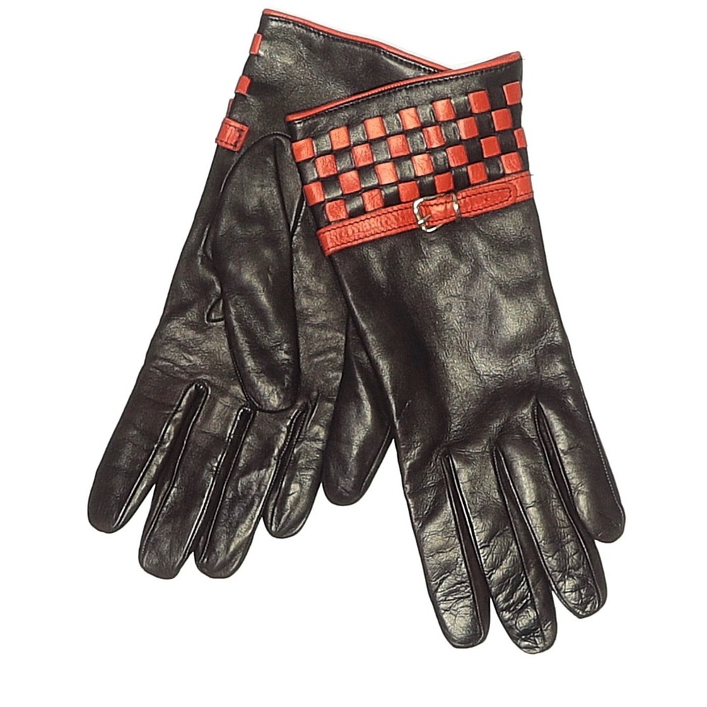 Solo Black Leather Gloves Red Woven Checkerboard Buckle Trim Chic Sz 8 Goth Moto